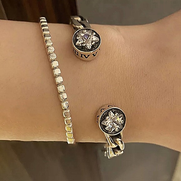 Vintage Sterling Silver Star Zircon Bangle Cuff Chain Link Design Bracelet - Picture 10 of 11